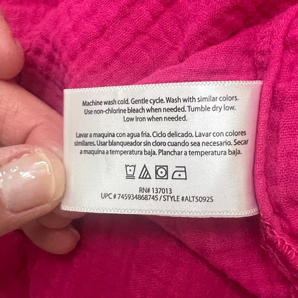 Three Dots, Fuchsia V-Neck Short Sleeve Top, Double Gauze, 100% Cotton, Small - Picture 9 of 9